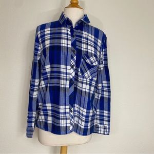 3/$25 Check & Stripe Blue White Plaid Flannel Cotton Button Shirt Size Large